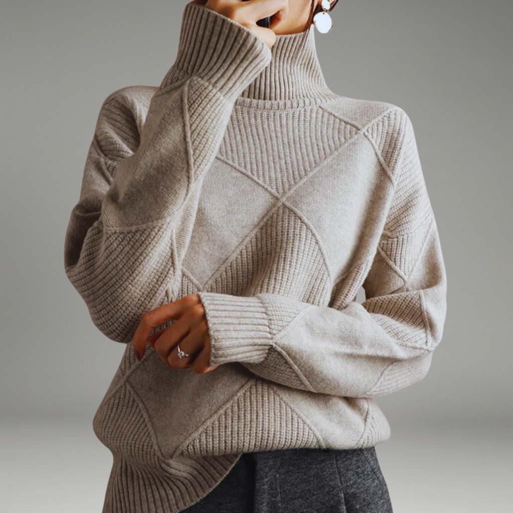 Women’s Turtleneck Sweater with Ribbed Cuffs and Diamond Knit Pattern