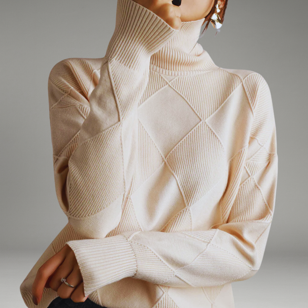 Women’s Turtleneck Sweater with Ribbed Cuffs and Diamond Knit Pattern