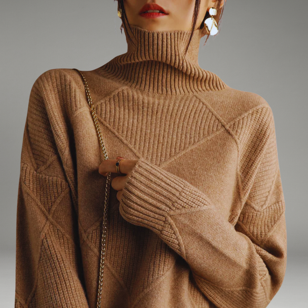 Women’s Turtleneck Sweater with Ribbed Cuffs and Diamond Knit Pattern