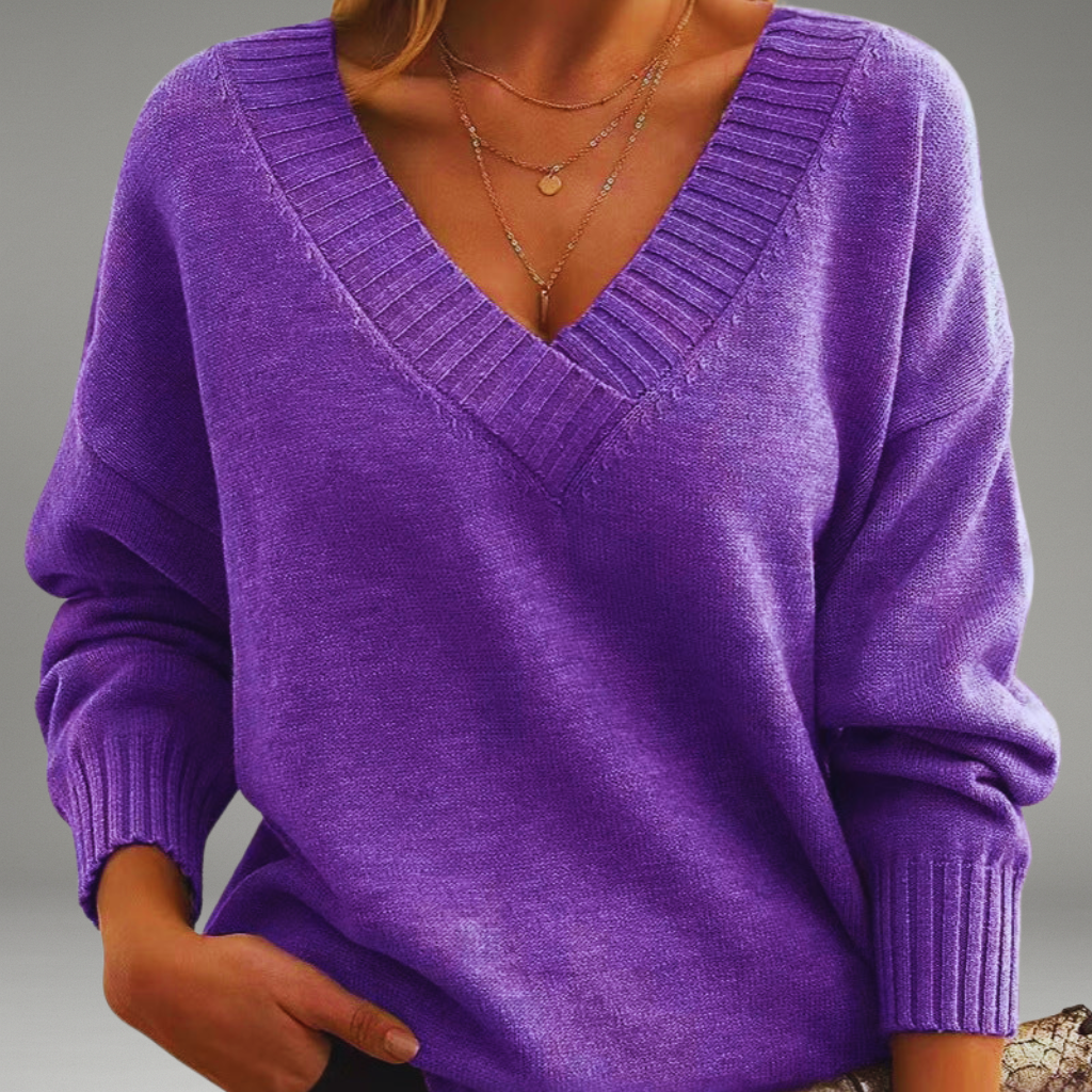 Women’s V-Neck Sweater with Ribbed Cuffs and Neckline