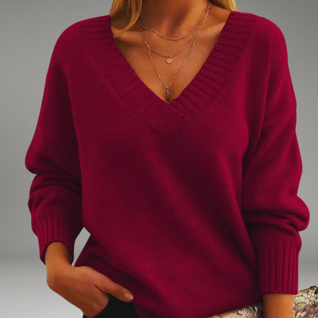 Women’s V-Neck Sweater with Ribbed Cuffs and Neckline