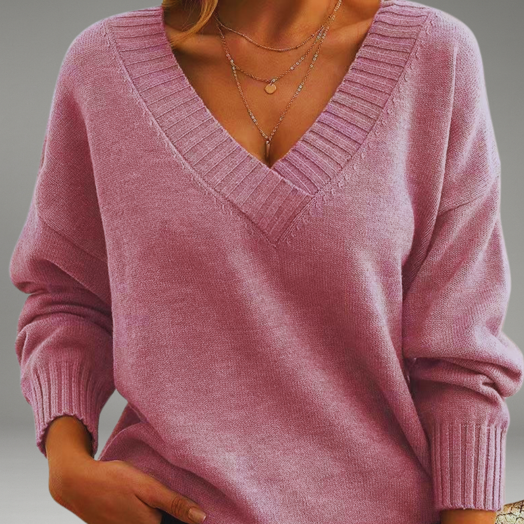 Women’s V-Neck Sweater with Ribbed Cuffs and Neckline
