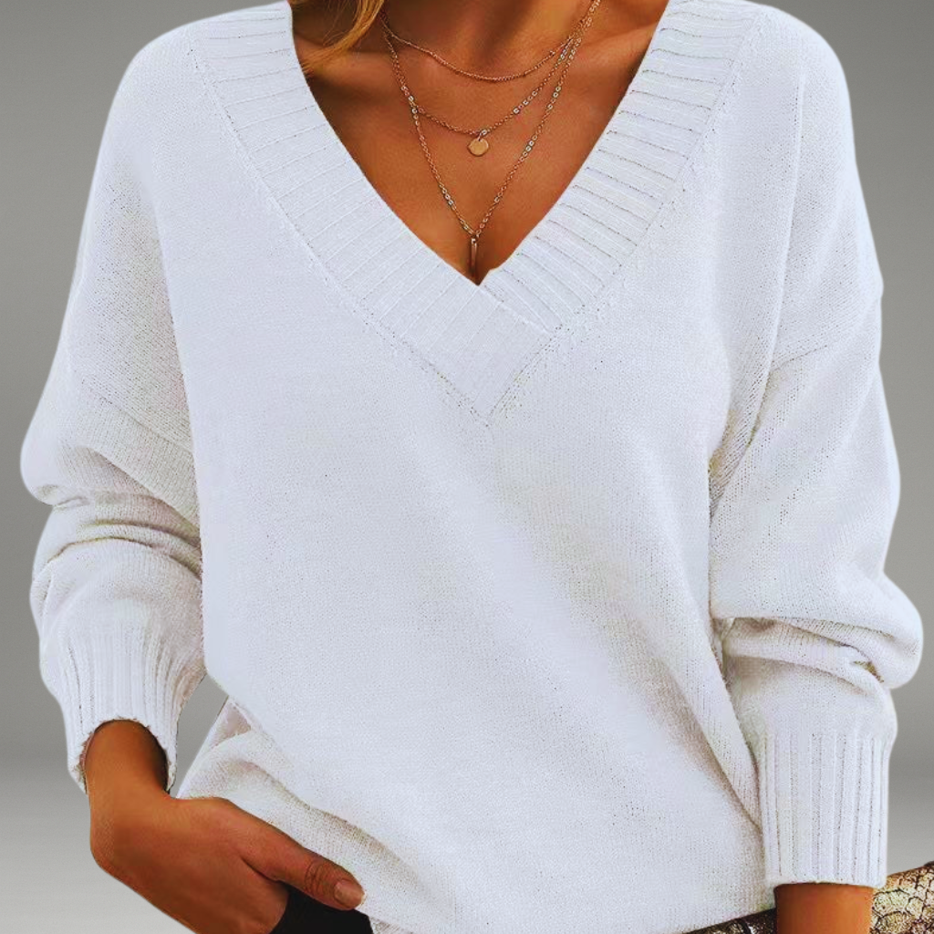 Women’s V-Neck Sweater with Ribbed Cuffs and Neckline