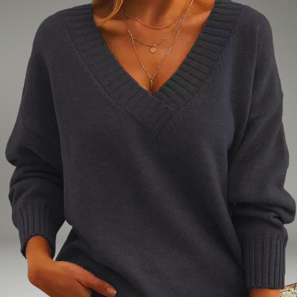 Women’s V-Neck Sweater with Ribbed Cuffs and Neckline