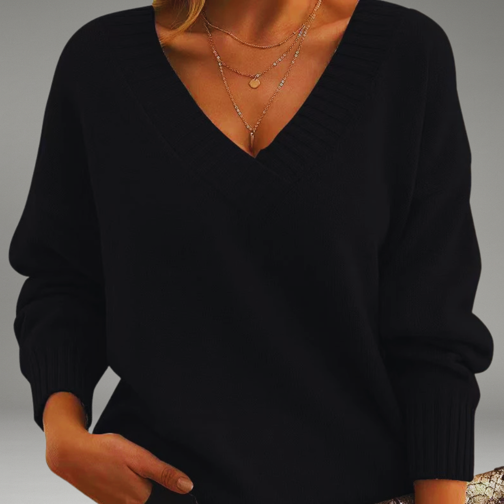 Women’s V-Neck Sweater with Ribbed Cuffs and Neckline