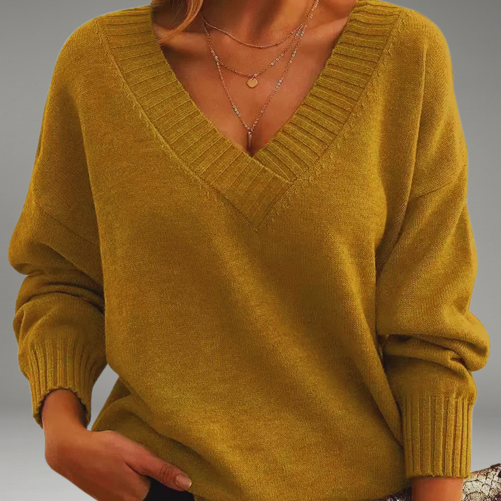 Women’s V-Neck Sweater with Ribbed Cuffs and Neckline