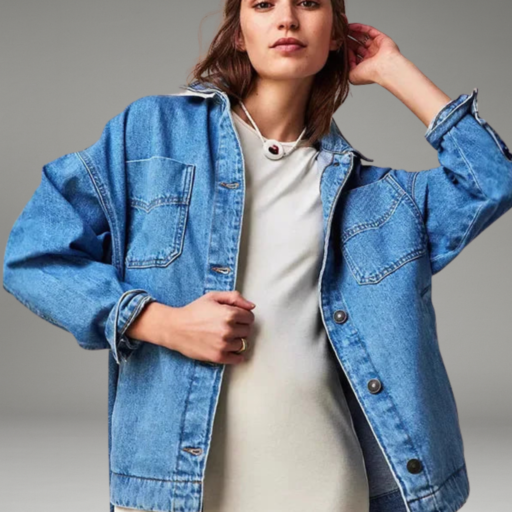 Women’s Washed Denim Jacket with Button Front Closure and Chest Pockets