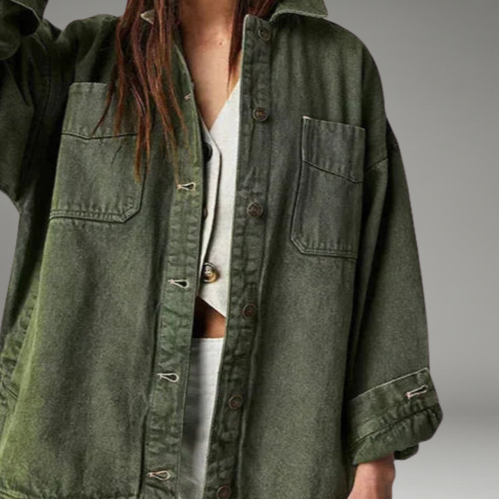 Women’s Washed Denim Jacket with Button Front Closure and Chest Pockets