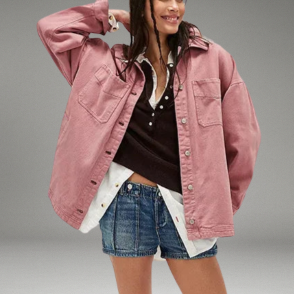 Women’s Washed Denim Jacket with Button Front Closure and Chest Pockets