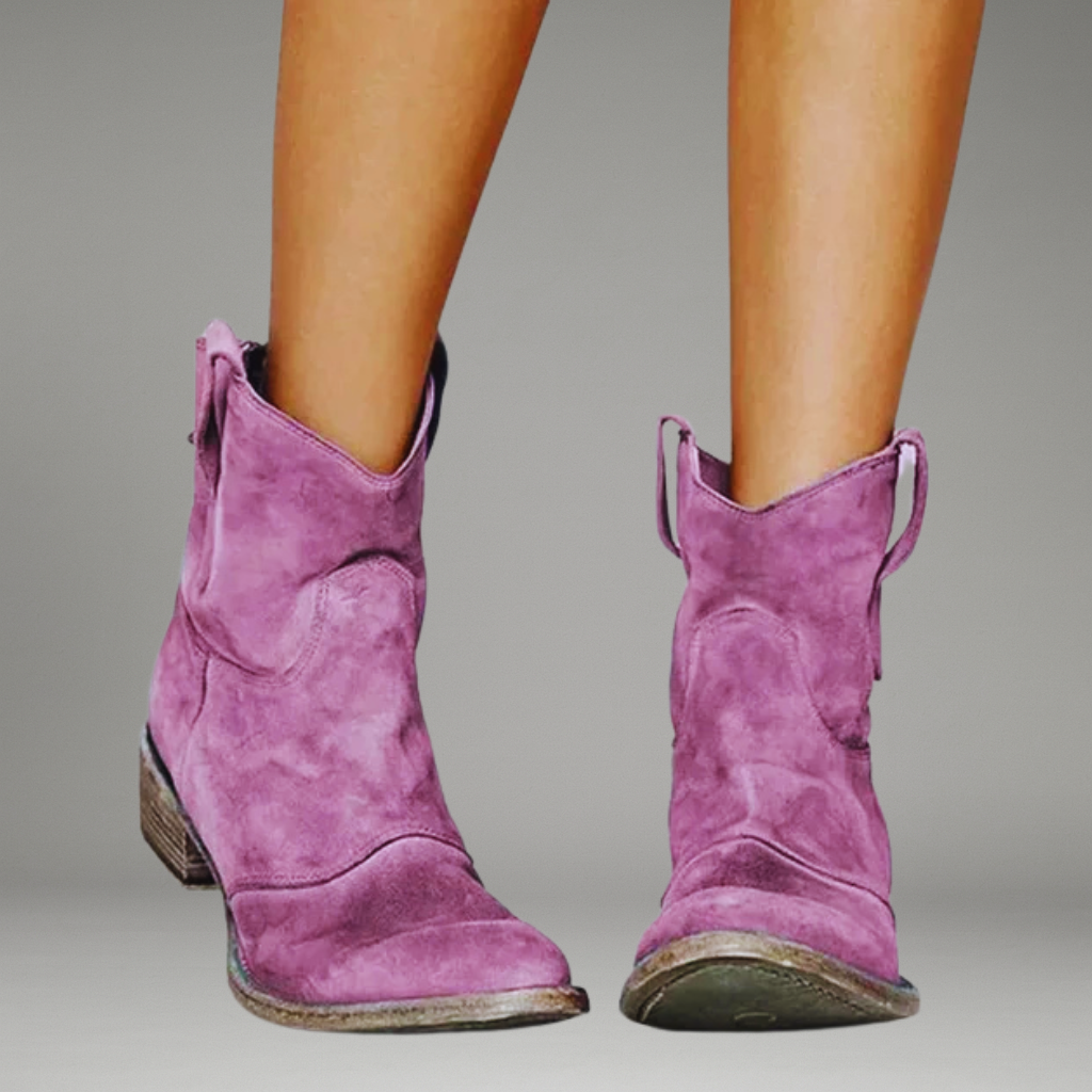 Women’s Western Ankle Boots with Suede Upper and Low Block Heel