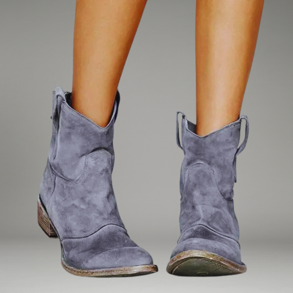 Women’s Western Ankle Boots with Suede Upper and Low Block Heel