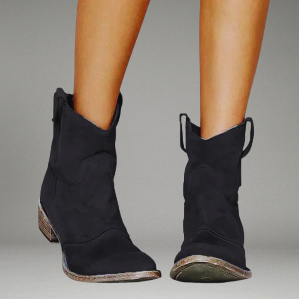 Women’s Western Ankle Boots with Suede Upper and Low Block Heel