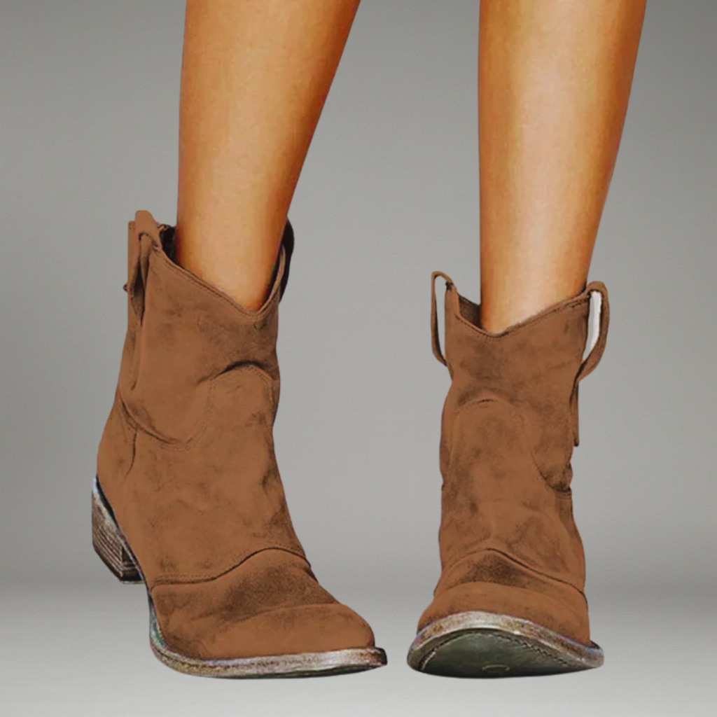 Women’s Western Ankle Boots with Suede Upper and Low Block Heel