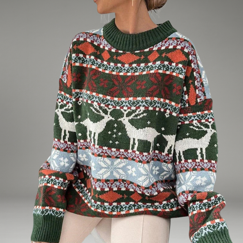 Women’s Winter Sweater with Christmas Pattern and Ribbed Cuffs