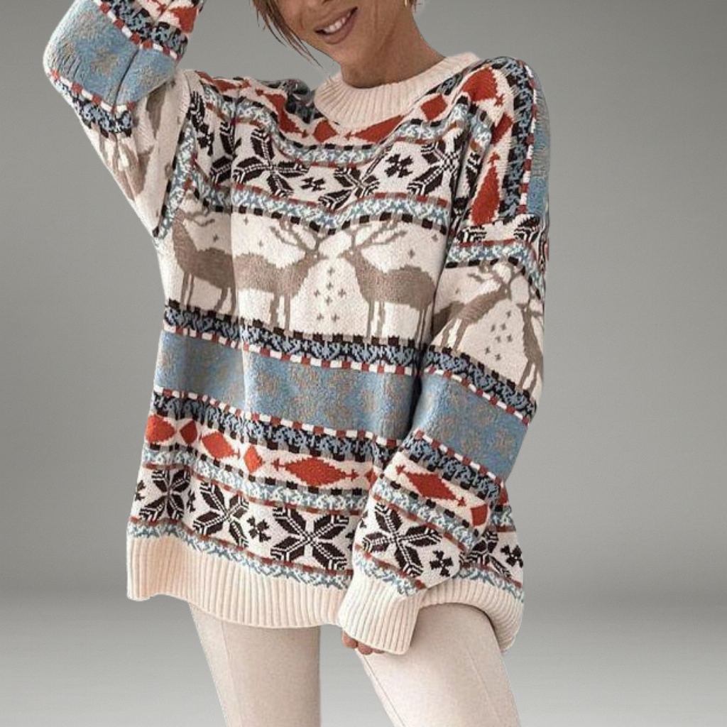 Women’s Winter Sweater with Christmas Pattern and Ribbed Cuffs