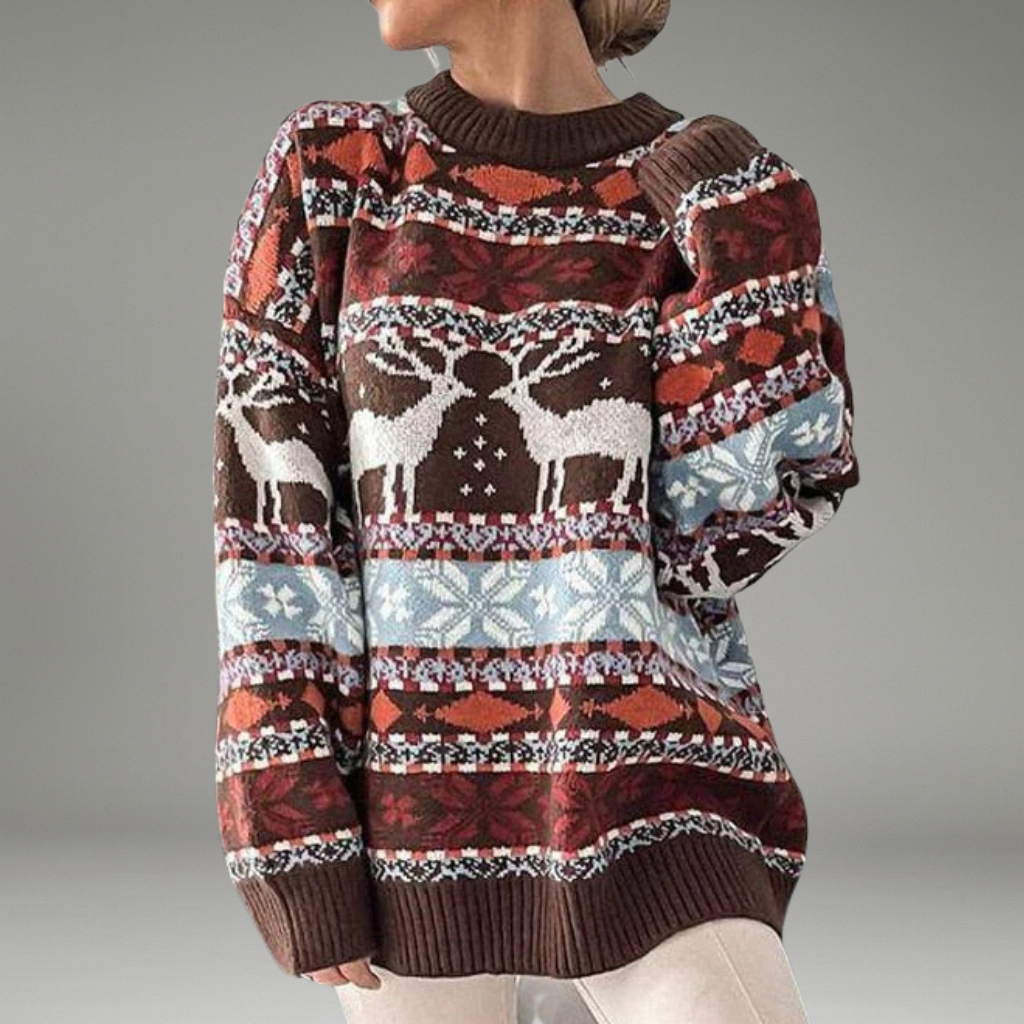 Women’s Winter Sweater with Christmas Pattern and Ribbed Cuffs